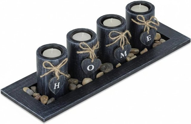 Relaxdays Teelichthalter Set aus MDF und Stein in Schwarz, Natur und Weiß mit Tablett B: 39,5 cm, T: 10,5 cm, H: 13 cm - Bild 1