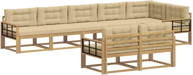 vidaXL Outdoor-Sofagarnitur in L-Form aus Akazienholz mit Kissen, 6-teilig, Weiß und Beige - Bild 1
