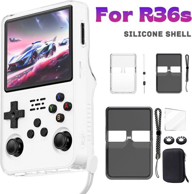 DGETG Silikon-Schutzhülle für die R36S Retro-Handkonsole in Weiß inklusive Aufbewahrungstasche und Daumen-Stick-Kappen - Bild 1