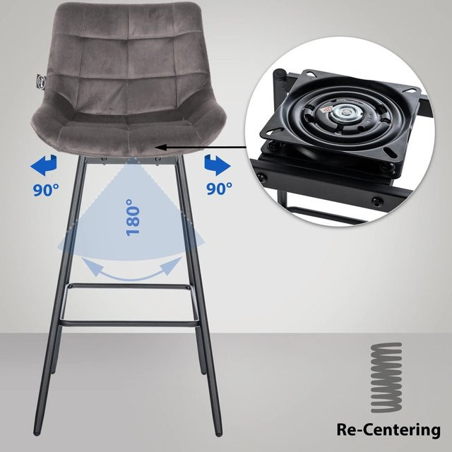 DELUKE 4er Set Barhocker VISEN aus Samt in Grau, drehbare Barstühle mit Lehne und Steppung, H x B x T: 105 x 49 x 56 cm - Bild 1