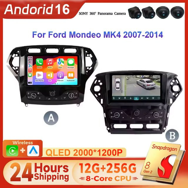 TIEYEZ Android 16 Autoradio für Ford Mondeo MK4 2007-2014 mit 2K QLED Bildschirm, 12GB RAM, 256GB Speicher, Multimedia Navigation, 4G, Wireless Bluetooth und Carplay in Schwarz - Bild 1