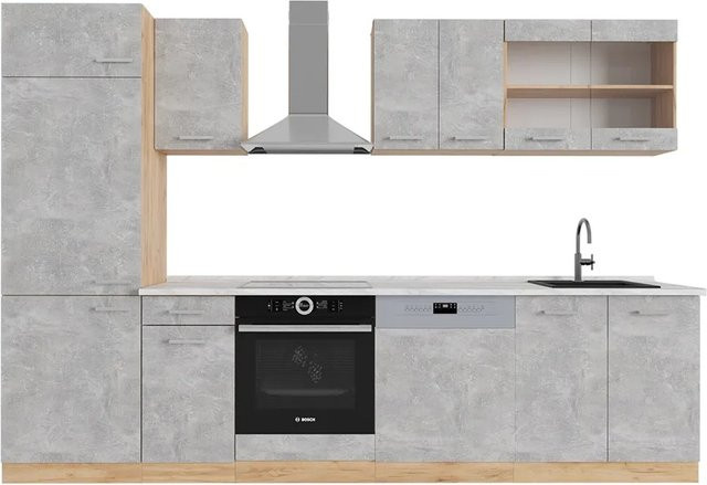 Vicco R-Line Küchenzeile Beton Goldkraft Eiche in modernem Design mit Marmor-Optik, B/T/H: 300 x 60 x 207 cm - Bild 1