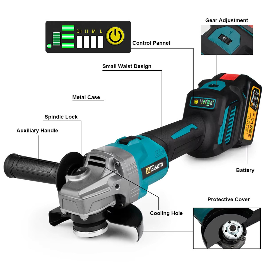Gisam Bürstenloser Winkelschleifer 125 mm mit 7 Gängen, kabellose Schleifmaschine für Makita 18 V Akku, M14 Gewinde, Multicolor - Bild 3