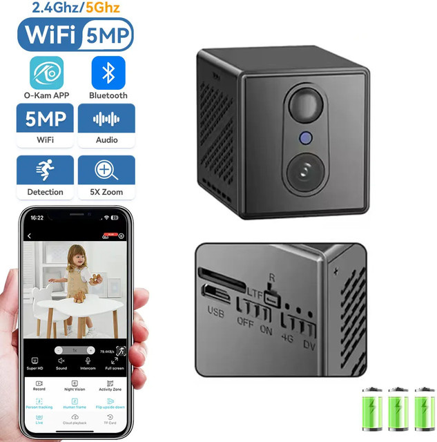 HAMROLTE O-Kam Mini-IP-Kamera mit 5MP Auflösung, kabellose Heimsicherheitskamera in Schwarz mit 2400mAh Akku, Nachtsicht, Bewegungserkennung und Zwei-Wege-Audio - Bild 1