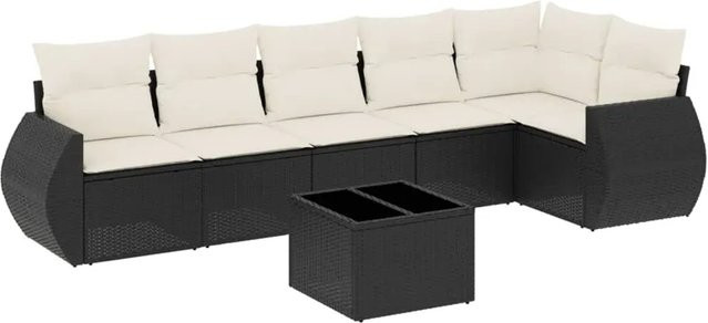 vidaXL 7-teilige Garten-Sofagarnitur in L-Form aus Poly-Rattan mit Kissen in Schwarz und Cremeweiß - Bild 1
