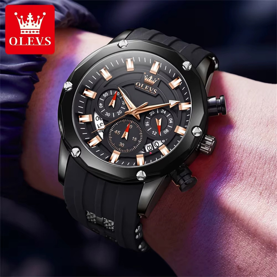 OLEVS Chronograph Herren-Armbanduhr, Quarz, Silikonarmband, Schwarz - Bild 4