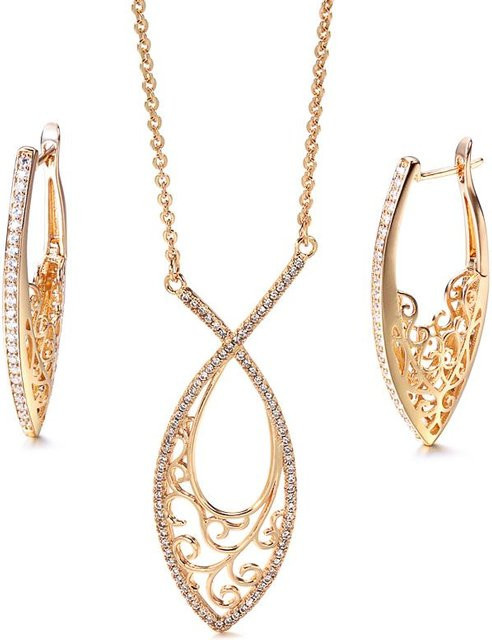 Schmuck-Set Halskette und Ohrringe, Roségold, Kupfer, Zirkonia, Damen, Vintage - Bild 1
