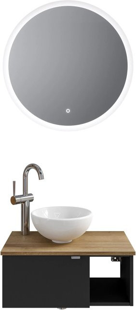 Pelipal Badmöbel-Set Serie 6915 in Schwarz Matt und Riviera Eiche mit Keramik Aufsatzbecken, Waschtischunterschrank, Waschtischplatte und Funktionsspiegel mit LED-Beleuchtung - Bild 1
