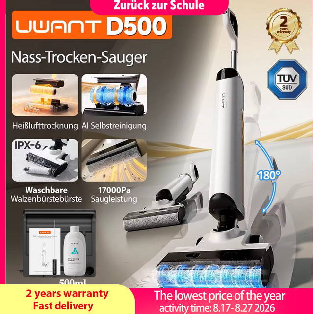 UWANT D500 Nass-Trockensauger in Weiß mit 17000 Pa Saugkraft, 180 Grad Lay-Flat Funktion, AI Selbstreinigung und 65 Grad Heißlufttrocknung sowie dreiseitiger Randreinigung - Bild 1