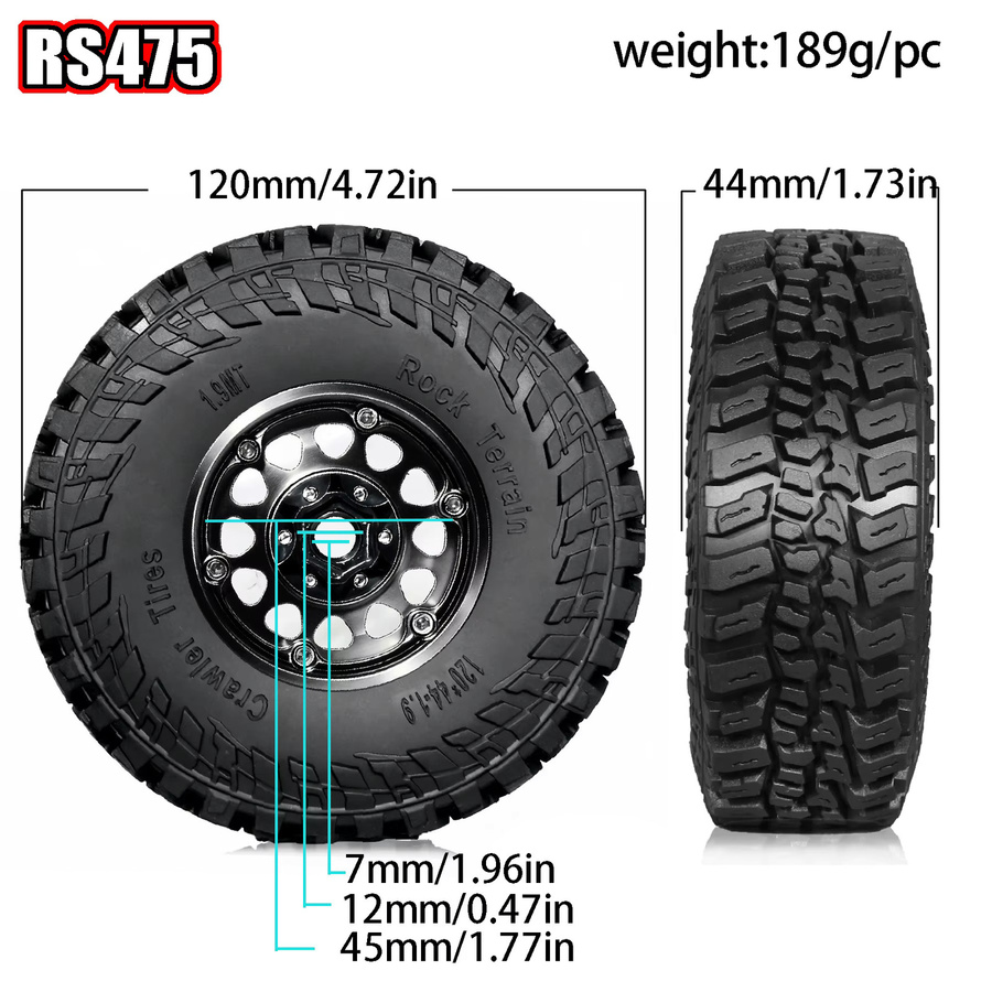 1,9 Zoll Beadlock-Räder und Reifen-Set, schwarz, RC-Crawlerfelgen - Bild 3