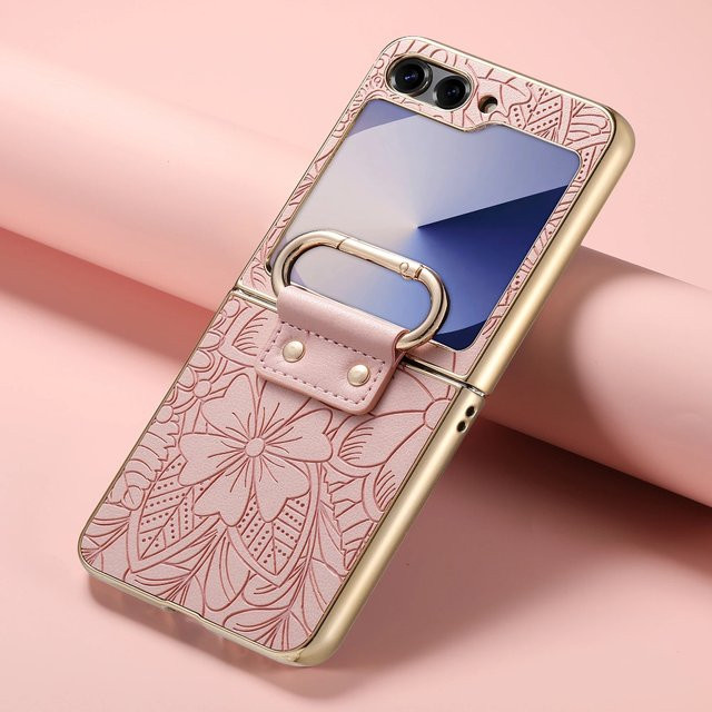 SZMUGUA Lederhülle mit geprägtem Blumenmuster und Ringhalterung für Samsung Galaxy Z Flip 7 FE, Farbe: Braun - Bild 1