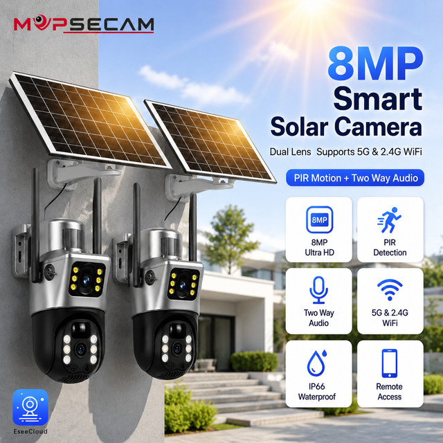 MvpSecam 8MP Dual-Objektiv Solar-WLAN-Sicherheitskamera für den Außenbereich mit PTZ, Dual-Band 2.4GHz/5GHz, PIR-Bewegungserkennung, Zwei-Wege-Audio und Farb-Nachtsicht, IP66 - Bild 1