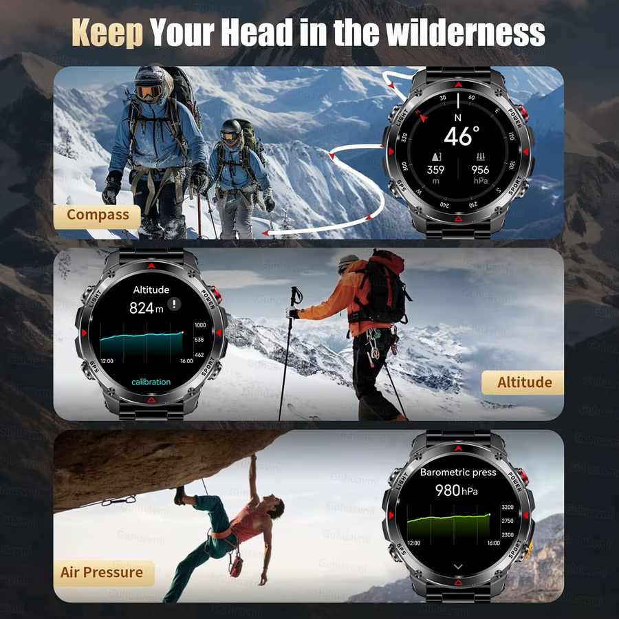 GUHUAVMI GPS-Abenteuer-Smartwatch Schwarz mit 6-Frequenz-Satellitenkompass und barometrischem Höhenmesser, 3ATM wasserdicht - Bild 6