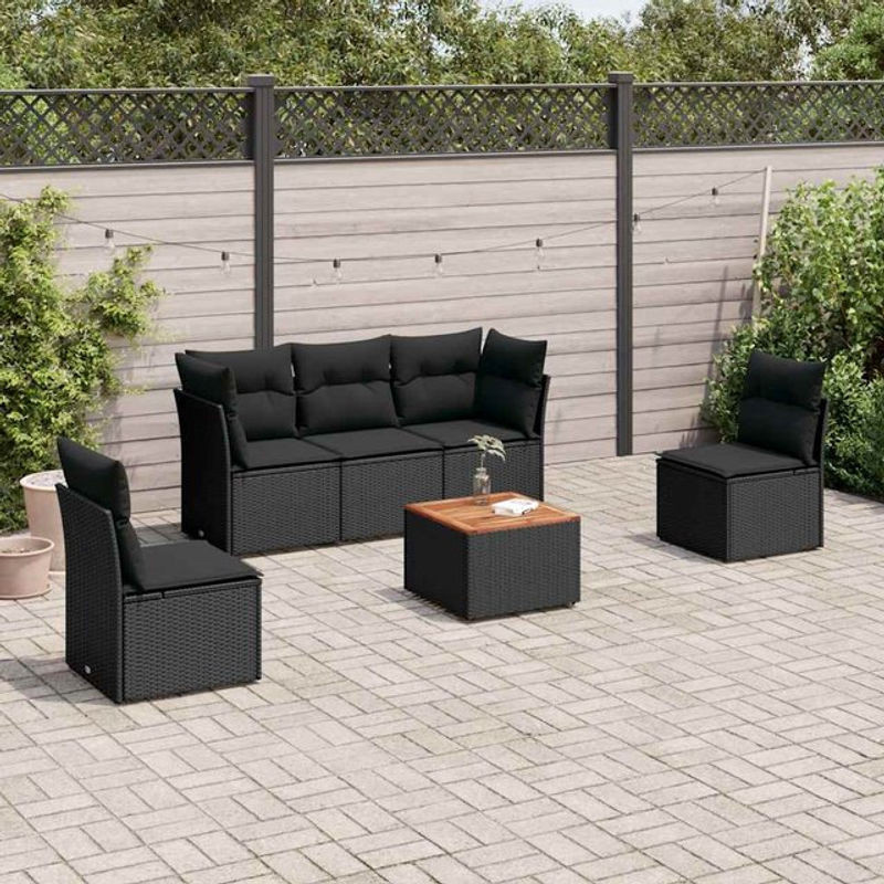Vidaxl Gartenmöbel-Set aus Polyrattan mit Kissen, 6-teilig, Schwarz - Bild 1