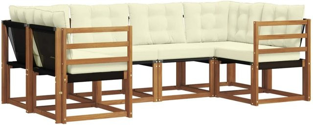 vidaXL Outdoor-Sofagarnitur 6-teilig L-Form aus Akazienholz und Textilene in Natur und Creme mit UV-beständigen Kissen - Bild 1