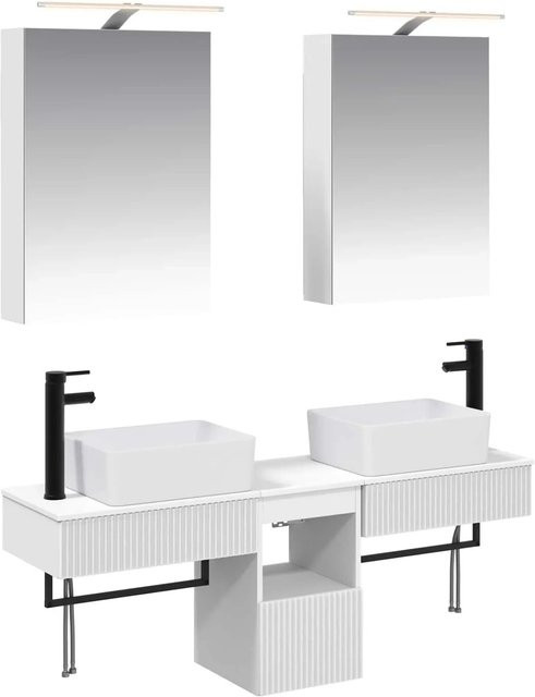vidaXL Badezimmerschrank-Set 5-teilig in Weiß mit Waschtischunterschrank und Spiegelschrank mit LED-Beleuchtung, B/T/H: 50 x 14,5 x 70 cm - Bild 1