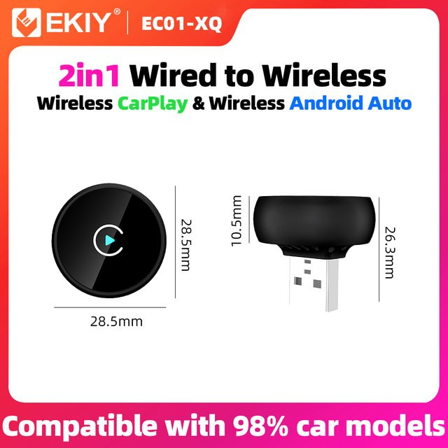EKIY 2-in-1 Wireless CarPlay Dongle und Android Auto Adapter, kabellose KI-Box in Schwarz - Bild 1
