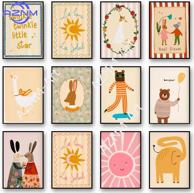 Potdemiel Boho Kinder Wandkunst auf Leinwand mit Hasen, Bären und Sonne in Mehrfarbig - Bild 1