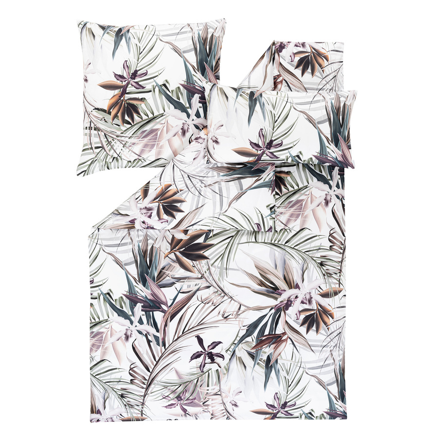 Estella Mako-Satin Bettwäsche Kaia in Grün mit Palmenblättern und Blüten, Set bestehend aus Bettbezug und Kissenbezug, B/H: 155 x 220 cm, Kissen: 80 x 80 cm - Bild 1