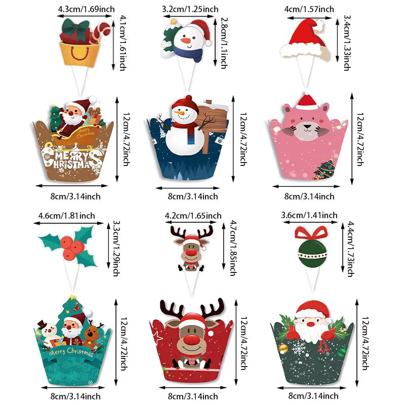 6er Set Weihnachtliche Cupcake Wrapper und Kuchen Topper mit Santa Claus und Weihnachtsbaum Motiven in Rot und Mehrfarbig aus Papier - Bild 2