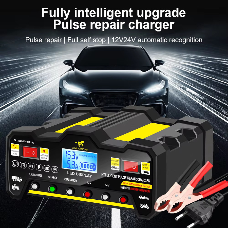 Intelligentes vollautomatisches Autobatterie-Ladegerät mit LCD-Display und Puls-Reparaturfunktion für Nass- und Trockenblei-Säure-Batterien, 220W, Schwarz - Bild 2
