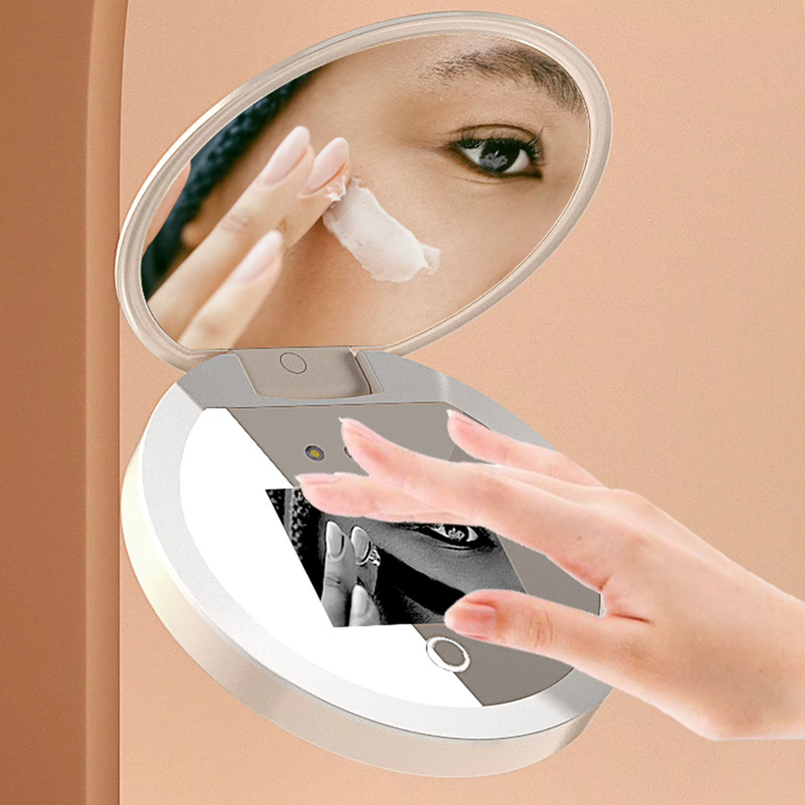 UV-Reise-Make-up-Spiegel mit LED-Licht und 2-facher Vergrößerung in Weiß, Durchmesser: 8,9 cm - Bild 3