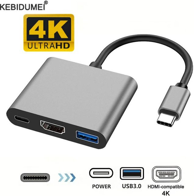 Kebidumei 3 in 1 USB-C Hub mit HDMI und USB 3.0 Docking Station in Grau - Bild 1