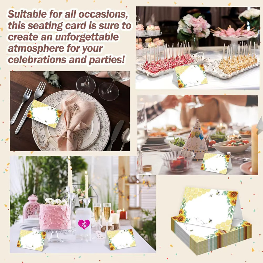 Cartoon Sonnenblume und Biene Tischkarten aus Papier für Hochzeit, Geburtstag oder Party in Gelb - Bild 2