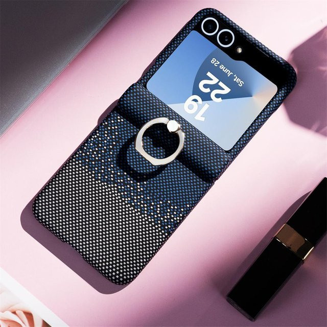 Magnetische Karbonfaser-Leder-Handyhülle mit Ringständer und MagSafe für Samsung Galaxy Z Flip 7, Z Flip 6, Z Flip 5 und Z Flip7 FE in Blau - Bild 1