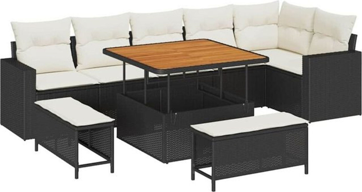Vidaxl Garten-Sofa-Set aus 9 Teilen in Schwarz und Creme, modernes modulares Loungemöbel-Set mit Polyrattan und Metall, B/T/H: 100 x 100 x 71 cm - Bild 1