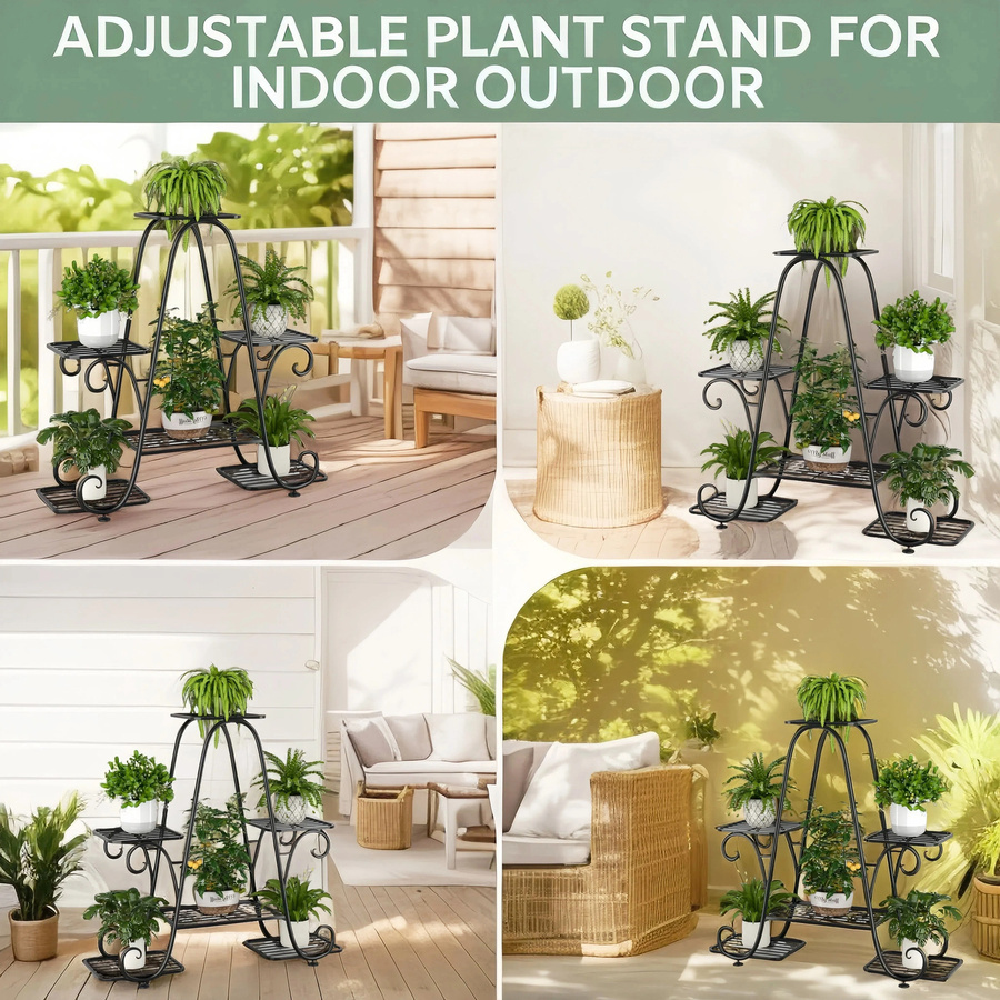 MTShining 6-stufiger Pflanzenständer aus Metall in Schwarz für Garten und Terrasse, mehrschichtiges Blumenregal für drinnen und draußen, B/T/H: 67,0 x 73,0 cm - Bild 4