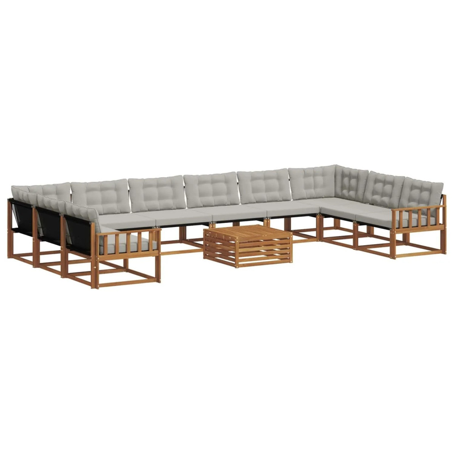 vidaXL Outdoor-Sofagarnitur in U-Form aus massivem Akazienholz mit Textilene und Kissen, 11-tlg., Hellgrau/Natur - Bild 2