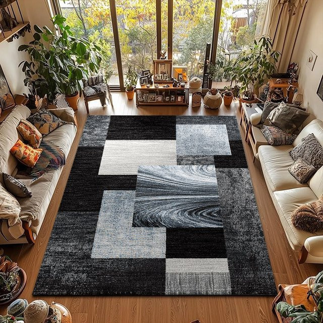 RAKKS Moderner geometrischer Teppich in Schwarz und Grau mit abstraktem Gitter-Design, B/T: 60 x 40 cm - Bild 1