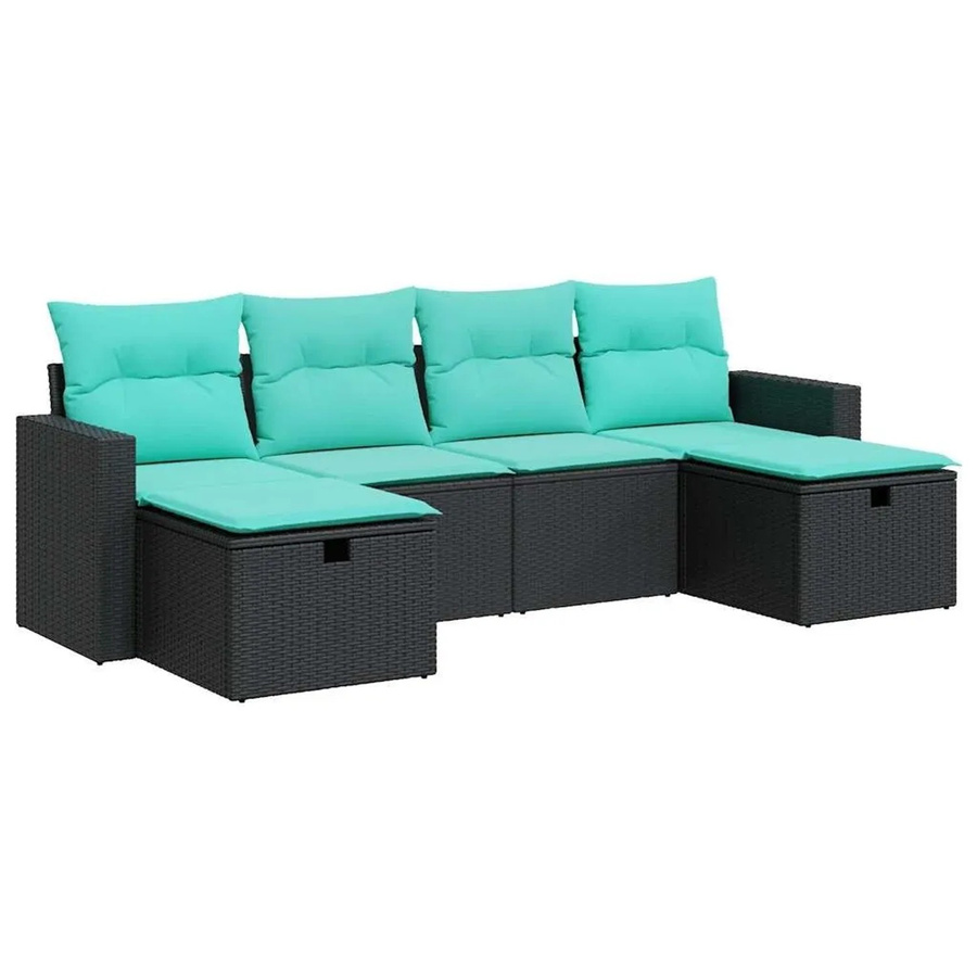 vidaXL 6-teilige Garten-Sofagarnitur aus Poly-Rattan mit Kissen in Schwarz und Blau/Türkis - Bild 1