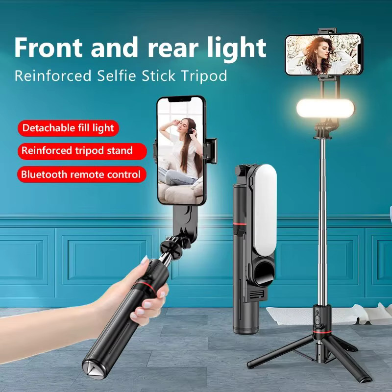 Drahtloser Bluetooth-Selfie-Stick mit Fülllicht und Fernbedienung für Smartphone-Videoaufnahmen, Schwarz - Bild 2