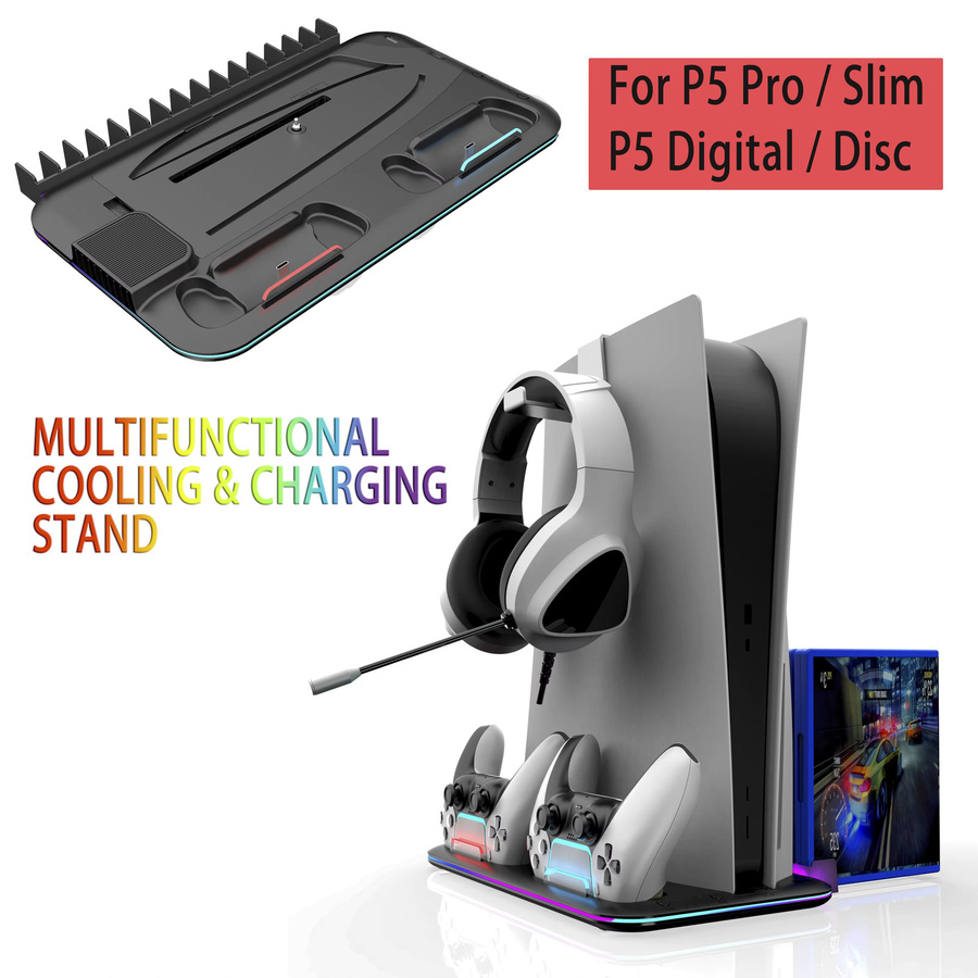 Ipega RGB-Kühlständer für PlayStation in Schwarz mit 3-Stufen-Turbo-Kühlung, Controller-Ladefunktion und Spiele-Disc-Aufbewahrung - Bild 2