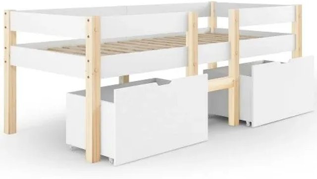 KOMHTOM Kinderbett aus massivem Kiefernholz mit Schublade und Absturzsicherung, Weiß und Eiche, B/T/H: 90 x 190 x 120 cm - Bild 1