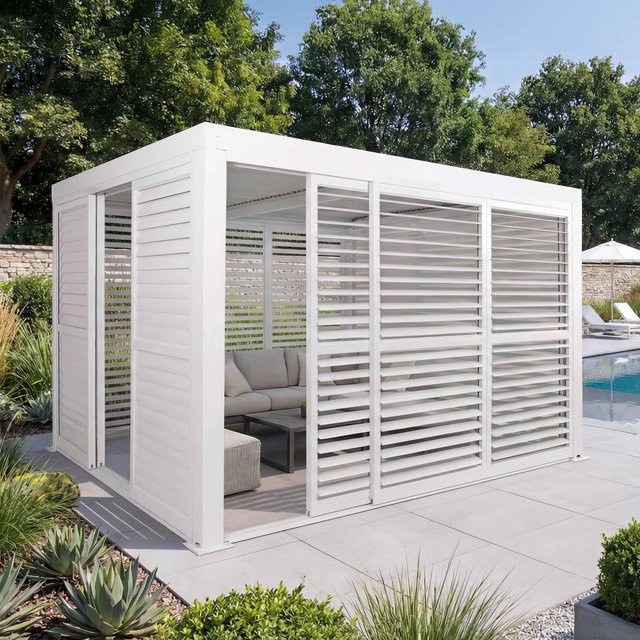 Alu Pergola MCW-L46 Terrassenüberdachung mit 6 Lamellenpaneelen und 6 Schiebetüren in Weiß, B/T: 300 x 300 cm - Bild 1