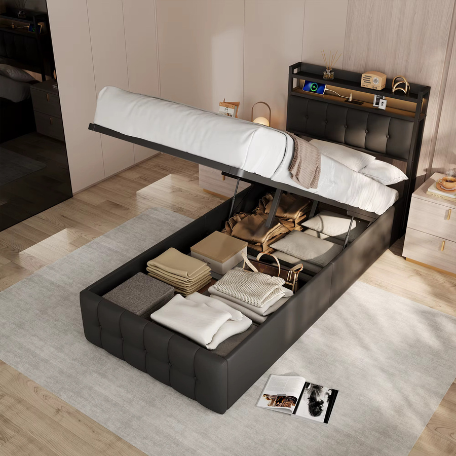 Anajqaqia Polsterbett mit hydraulischem Stauraum und Kopfteil mit Regal, Einzelbett in Schwarz, B/T: 90 x 200 cm - Bild 6