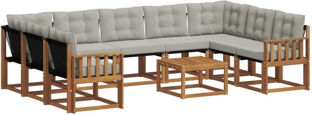 vidaXL Outdoor-Sofagarnitur in U-Form aus Massivholz Akazie und Textilene mit Kissen, Hellgrau - Bild 1