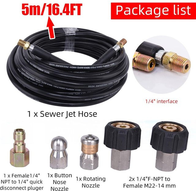 Crown Global Kanalreinigungs-Jetter-Kit Hochdruckreiniger-Schlauch für Abflussrohre, 1/4 Zoll, Schwarz - Bild 1