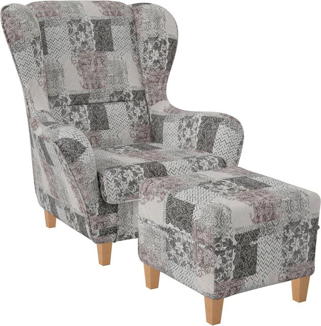 Supellex Sofia Ohrensessel mit Hocker Design Jakarta in Perlweiß Rosig mit buntem Muster - Bild 1