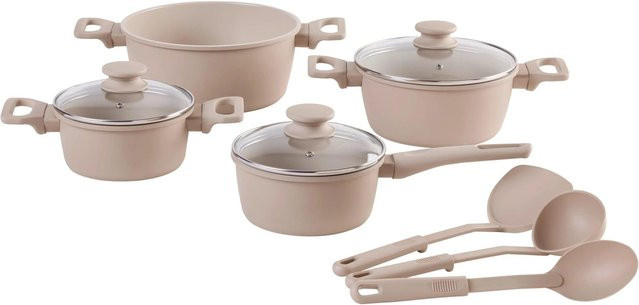Mömax Kochtopfset Johanna Beige 10-teilig aus Keramik und Edelstahl mit Gläsernen Deckeln - Bild 1