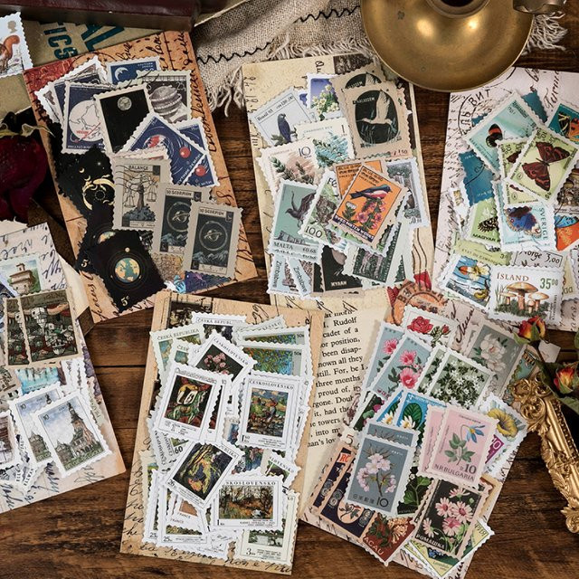 Vintage Collage Stempel Aufkleber Set mit Pflanzen, Ölgemälden sowie Sternen und Mond für deine DIY Dekoration, Mehrfarbig - Bild 1