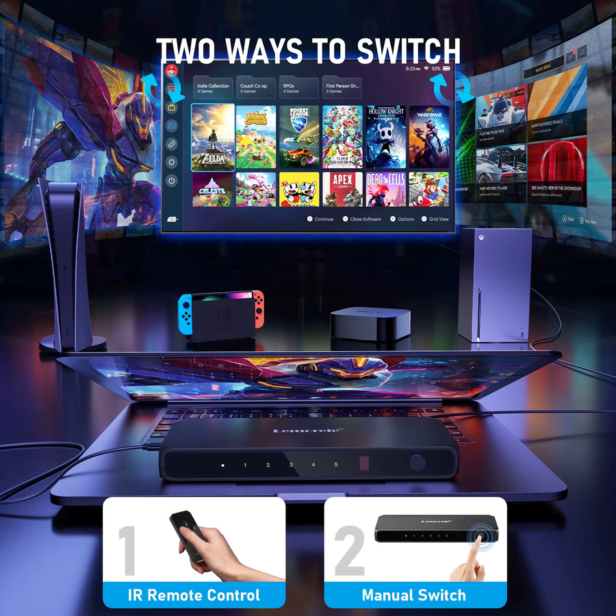 LEMORELE HDMI Switcher 5 In 1 Out Distributor Konverter in Schwarz mit bidirektionaler Umschaltung für 4K @ 30Hz, ideal für Laptop, TV, Projektor und Monitor - Bild 3