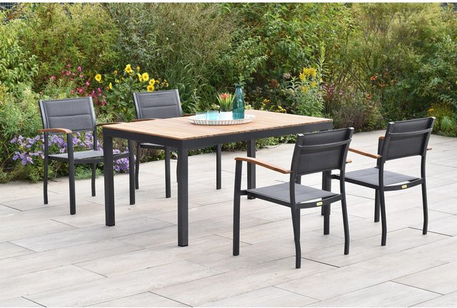 Merxx Paxos Gartenmöbel-Set 5-tlg. aus Aluminium und Akazie in Grau mit Tisch und 4 Stapelsesseln, B/T/H: 150 x 100 x 90 cm - Bild 1