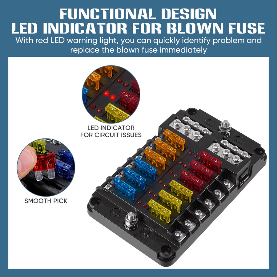 Chelhead 12V 12-Wege-Auto-Sicherungshalter mit negativen Bussen und roter LED-Anzeige in Rot und Schwarz - Bild 3