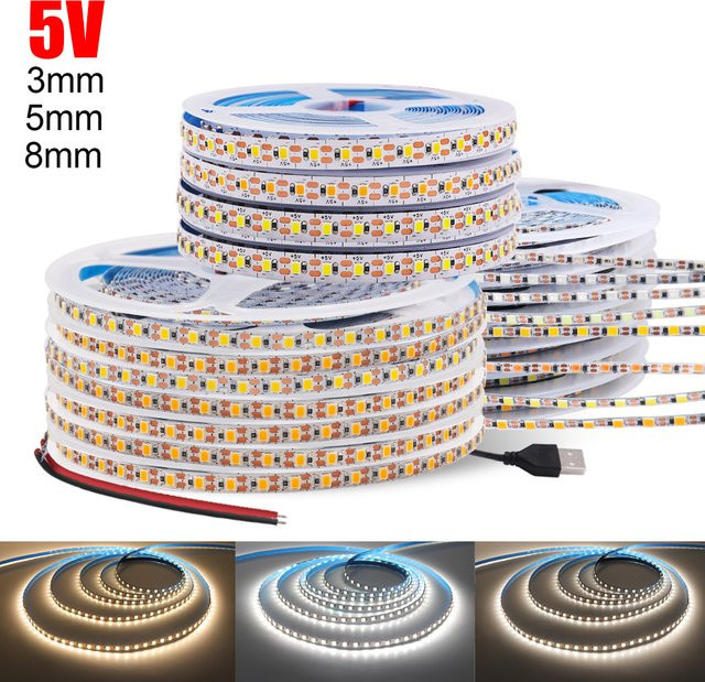 Ultradünner PCB-LED-Streifen 5V mit 120 LEDs/m in Warmweiß, flexibles 2835 SMD LED Band, Breite: 8 mm, Schutzart IP21, nicht wasserdicht - Bild 1