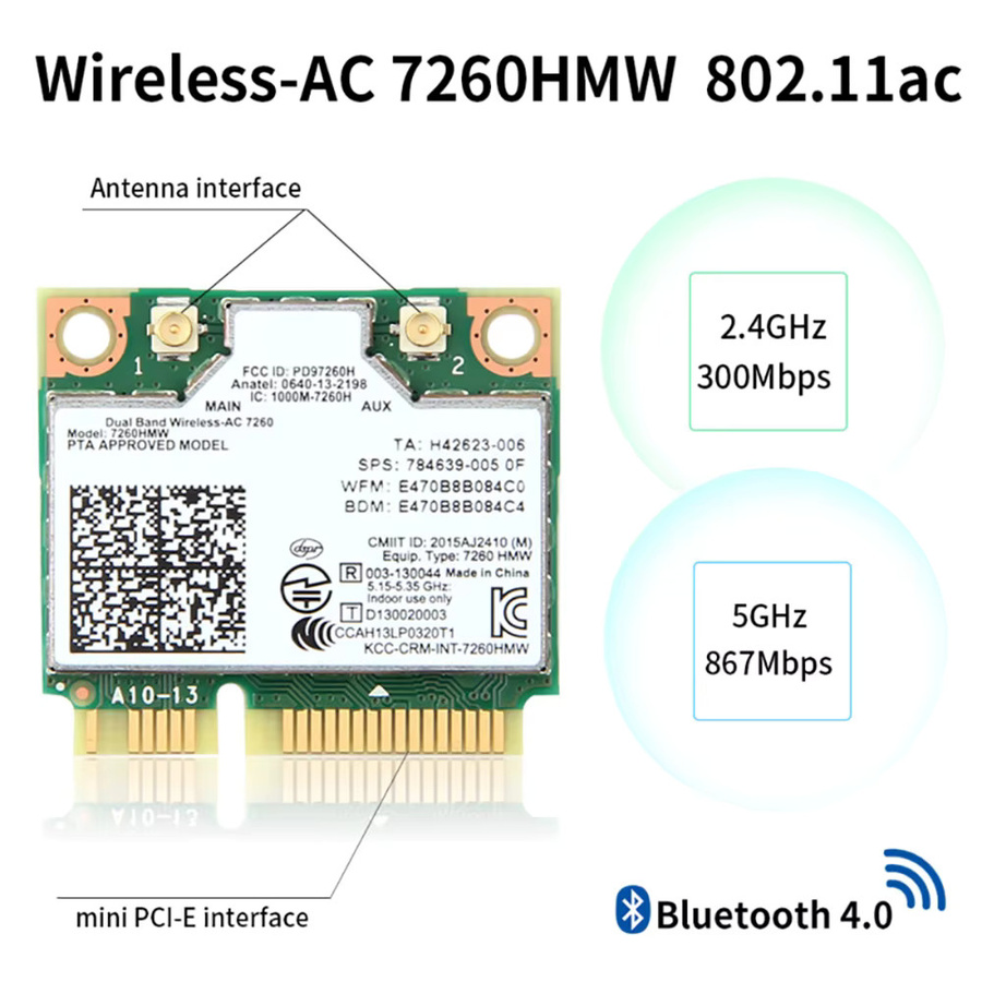 TelDaykemei Mini PCI-E Dual Band 2,4G/5Ghz Bluetooth 4,0 Wifi Netzwerk Karte 7260HMW Wlan Wireless 802.11 ac/a/b/g/n in Grün für Laptop Windows 8/10 - Bild 2