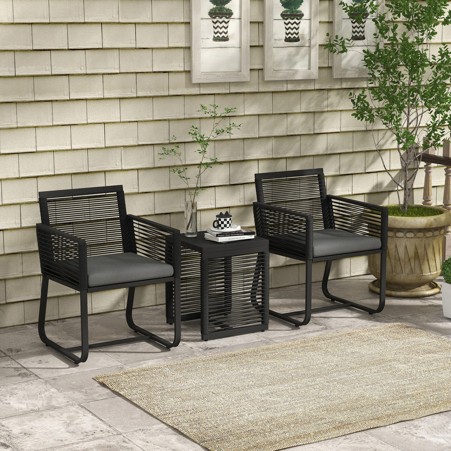 Outsunny 3-teiliges Rattan Gartenmöbel-Set mit 2 Gartenstühlen und Beistelltisch aus Hartglas in Schwarz - Bild 2